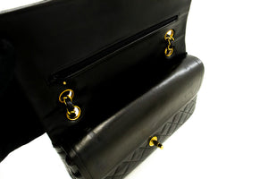 CHANEL Classic Double Flap 10" Chain Shoulder Bag Black Lambskin f91 hannari-shop