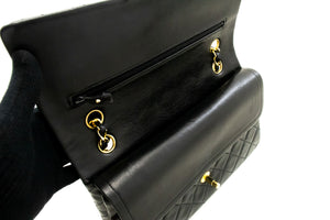 CHANEL Classic Double Flap 10" Chain Shoulder Bag Black Lambskin p84 hannari-shop