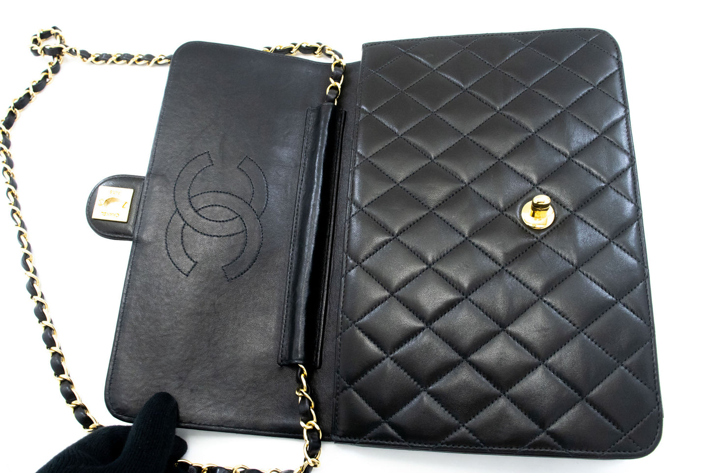 CHANEL skuldertaske med kæde, clutch, sort quiltet flap i lammeskind, taske aa2 hannari-shop