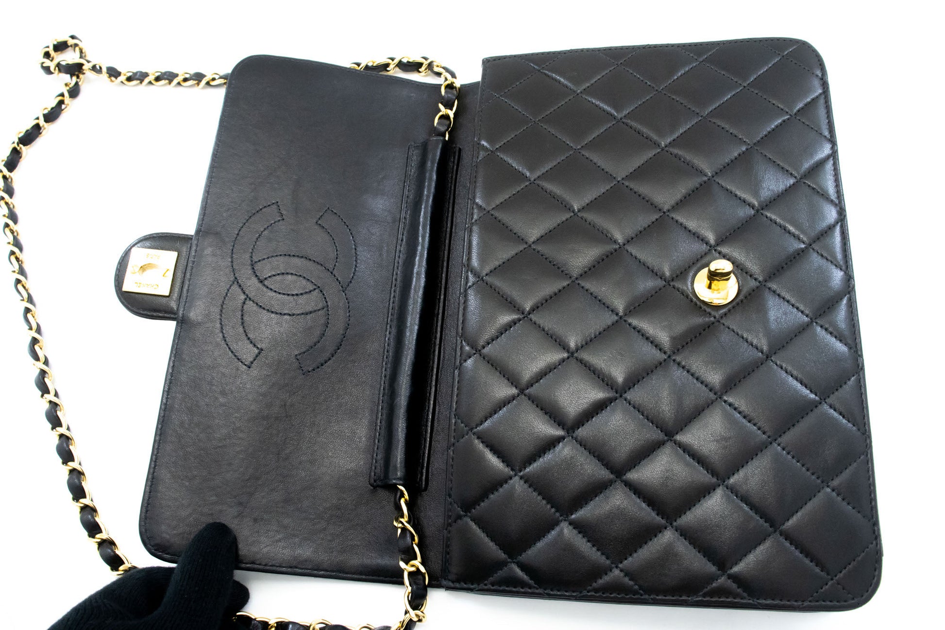 CHANEL skuldertaske med kæde, clutch, sort quiltet flap i lammeskind, taske aa2 hannari-shop