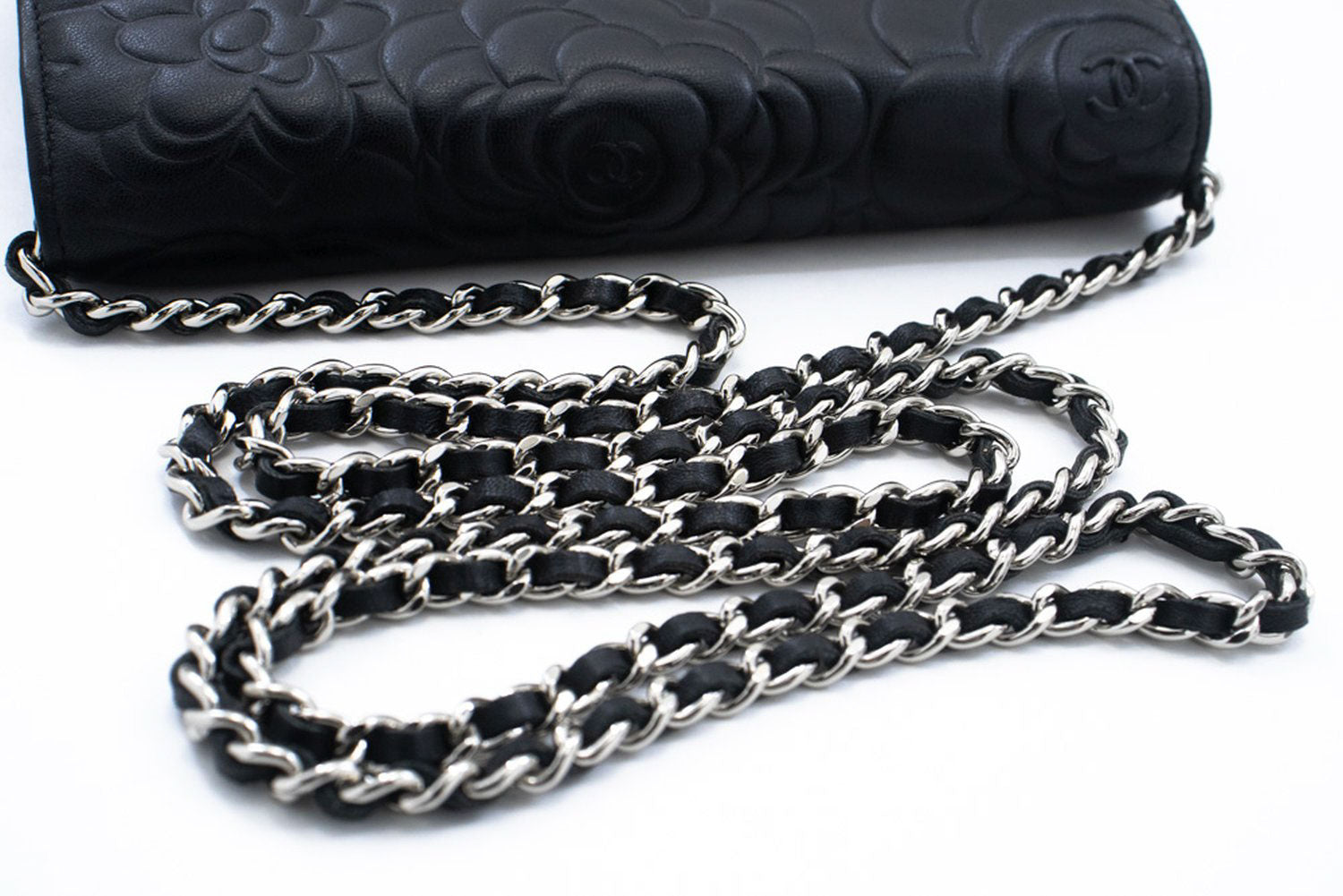 CHANEL Black Camellia Embossed Wallet On Chain WOC Shoulder Bag ab6 hannari-shop