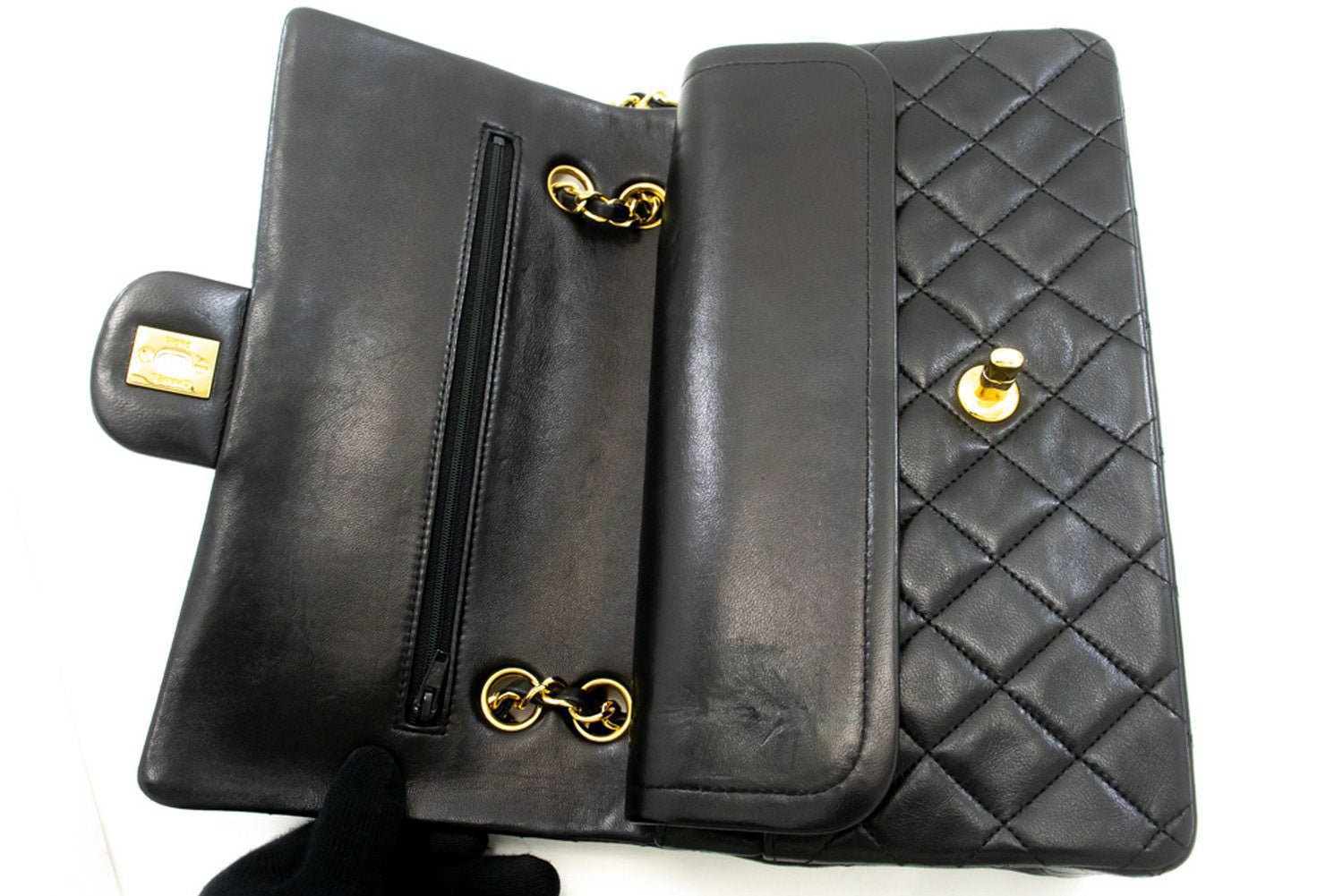 CHANEL Classic Double Flap 10" Chain Schoudertas Zwart Lamsleer ad8 hannari-shop