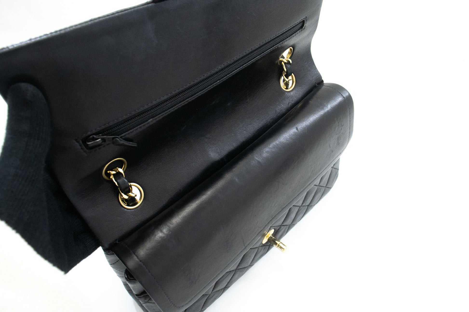 CHANEL Classic Double Flap 10" Chain Schoudertas Zwart Lamsleer ac9 hannari-shop