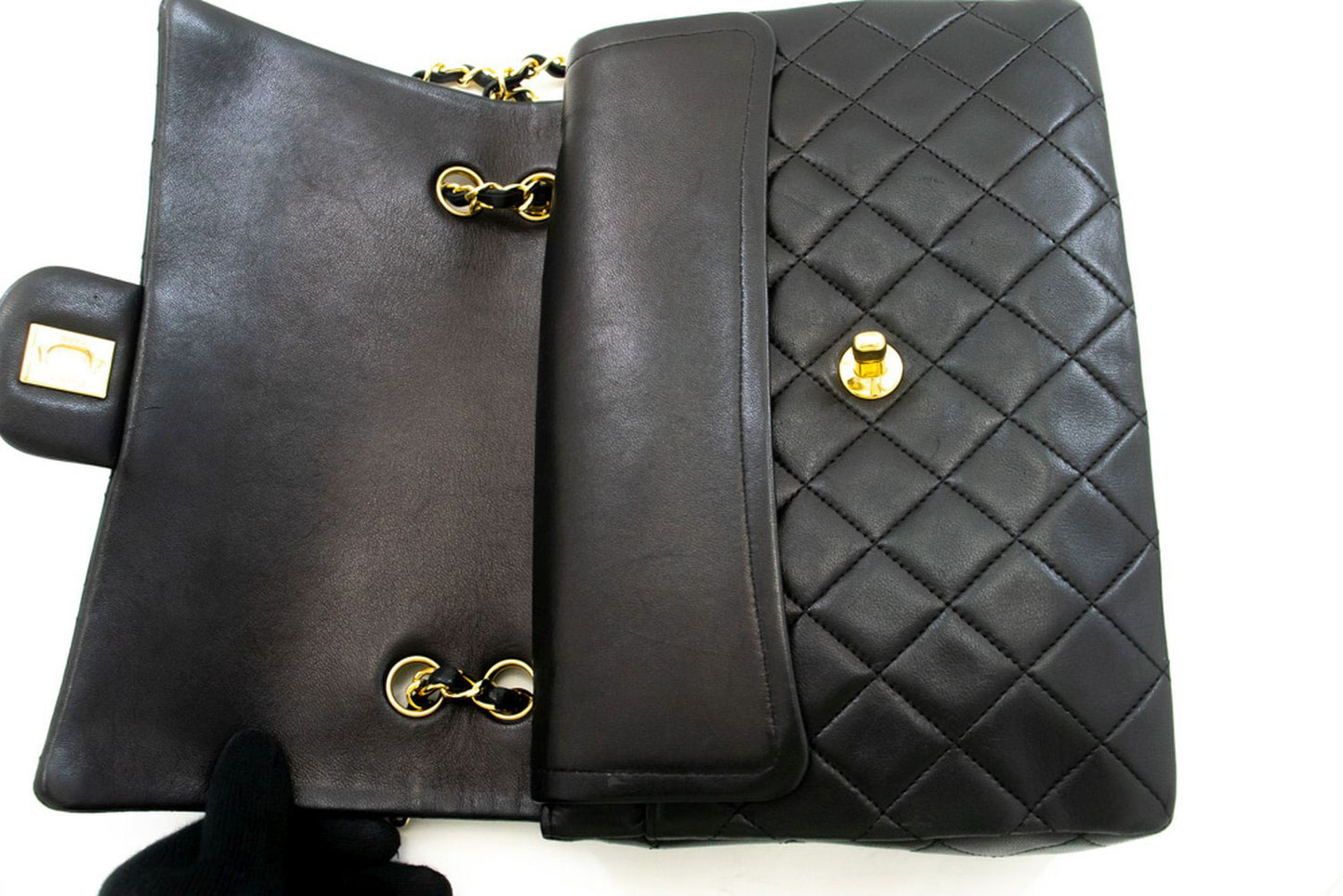 Sac à bandoulière carré CHANEL Classic Double Flap en agneau noir ad1 hannari-shop