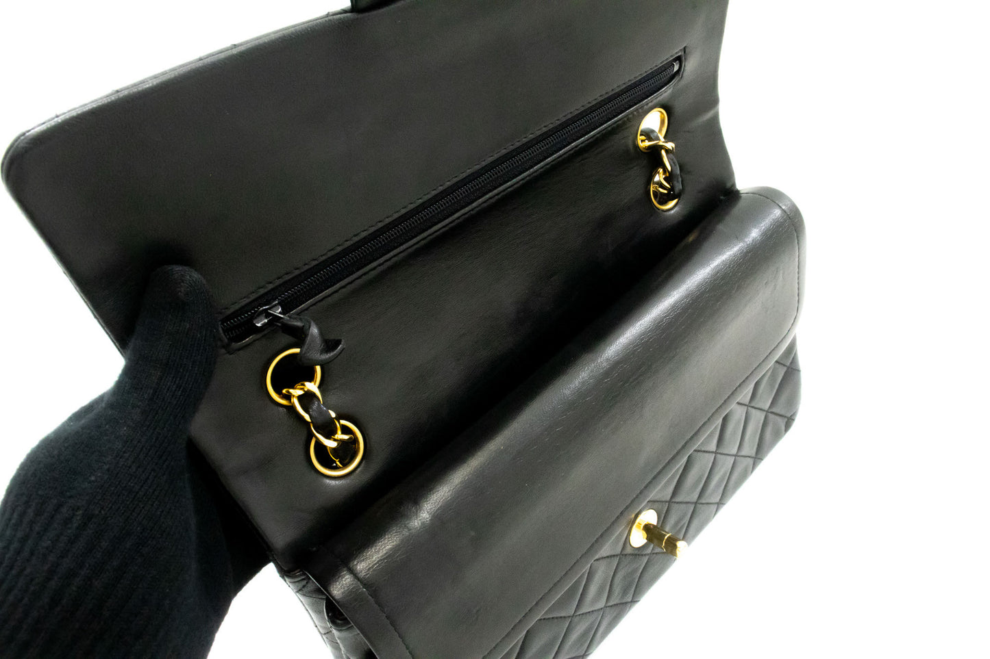 Sac à bandoulière CHANEL Classic Double Flap 10" en agneau noir avec chaîne ag1 hannari-shop