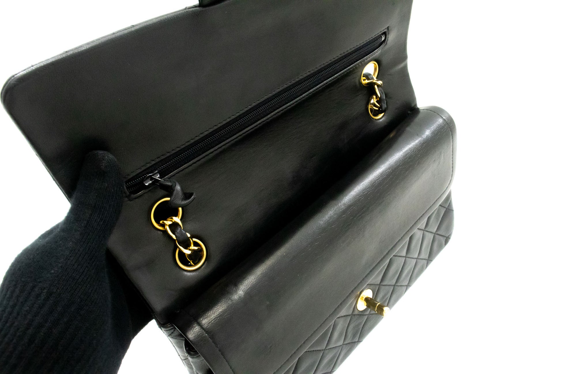 Sac à bandoulière CHANEL Classic Double Flap 10" en agneau noir avec chaîne ag1 hannari-shop