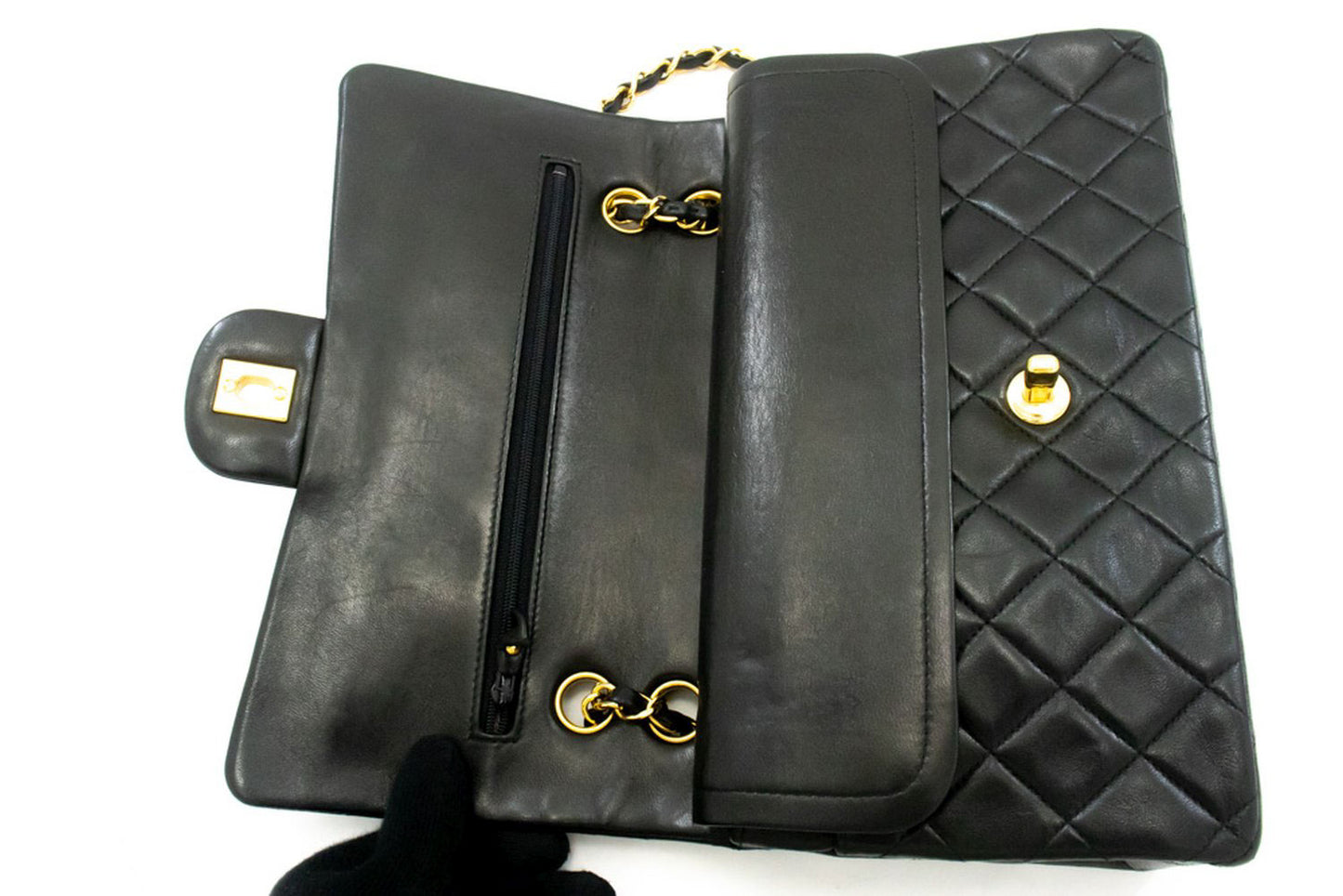 Sac à bandoulière CHANEL Classic Double Flap 10" en agneau noir avec chaîne ag1 hannari-shop