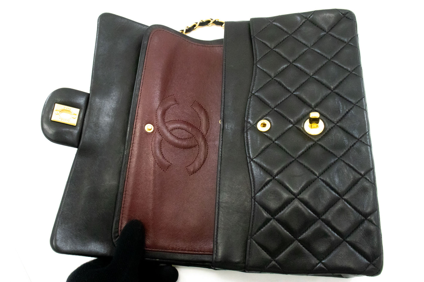 Sac à bandoulière CHANEL Classic Double Flap 10" en agneau noir avec chaîne ag1 hannari-shop