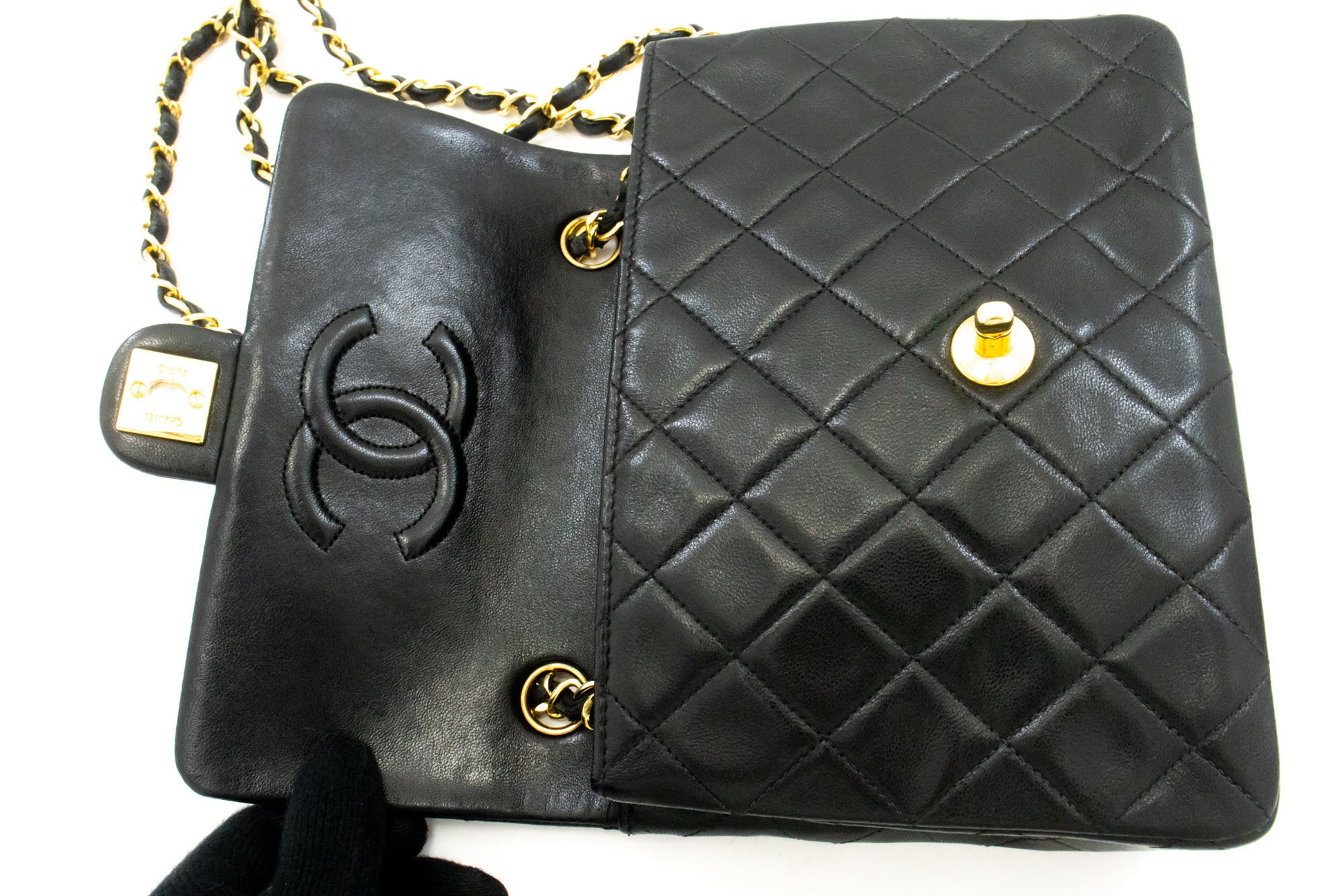CHANEL Mini Square Small Chain Shoulder Bag Crossbody Black Lamb ag3 hannari-shop