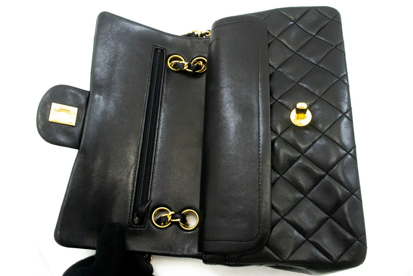 CHANEL Classic Double Flap 9" Chain Schoudertas Zwart Lamsleer ag6 hannari-shop