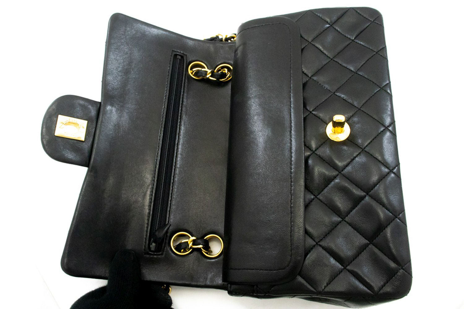 CHANEL Classic Double Flap 9" Chain Schoudertas Zwart Lamsleer ag6 hannari-shop