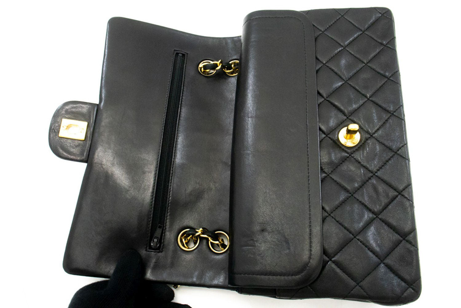 CHANEL Classic Double Flap Borsa a Spalla con Catena 10" in Pelle di Agnello Nera ag5 hannari-shop