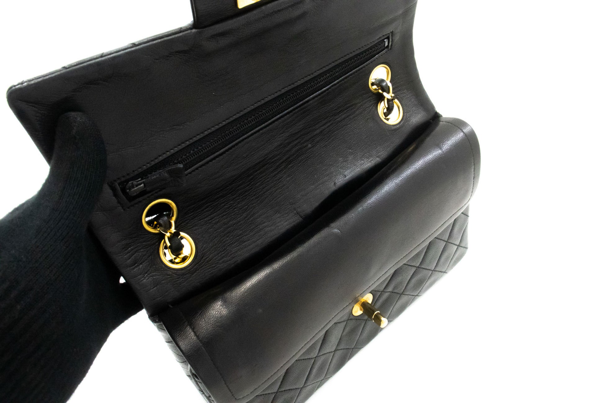 CHANEL Classic Double Flap 9" Schultertasche mit Kette, Schwarz, Lammleder p46 hannari-shop