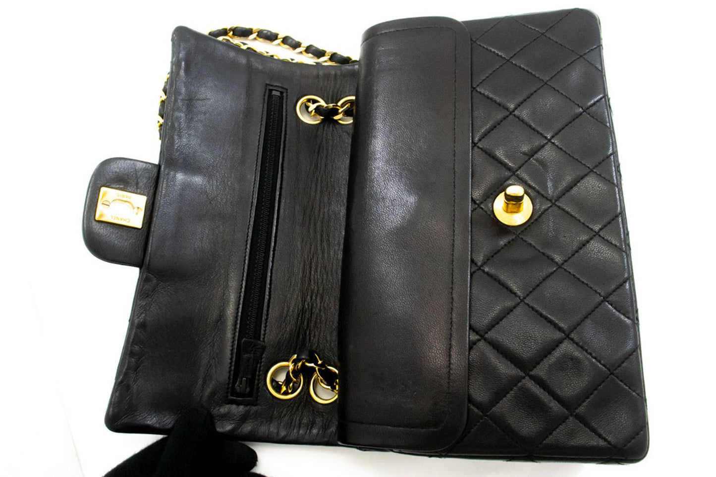 CHANEL Classic Double Flap 9" Schultertasche mit Kette, Schwarz, Lammleder p46 hannari-shop