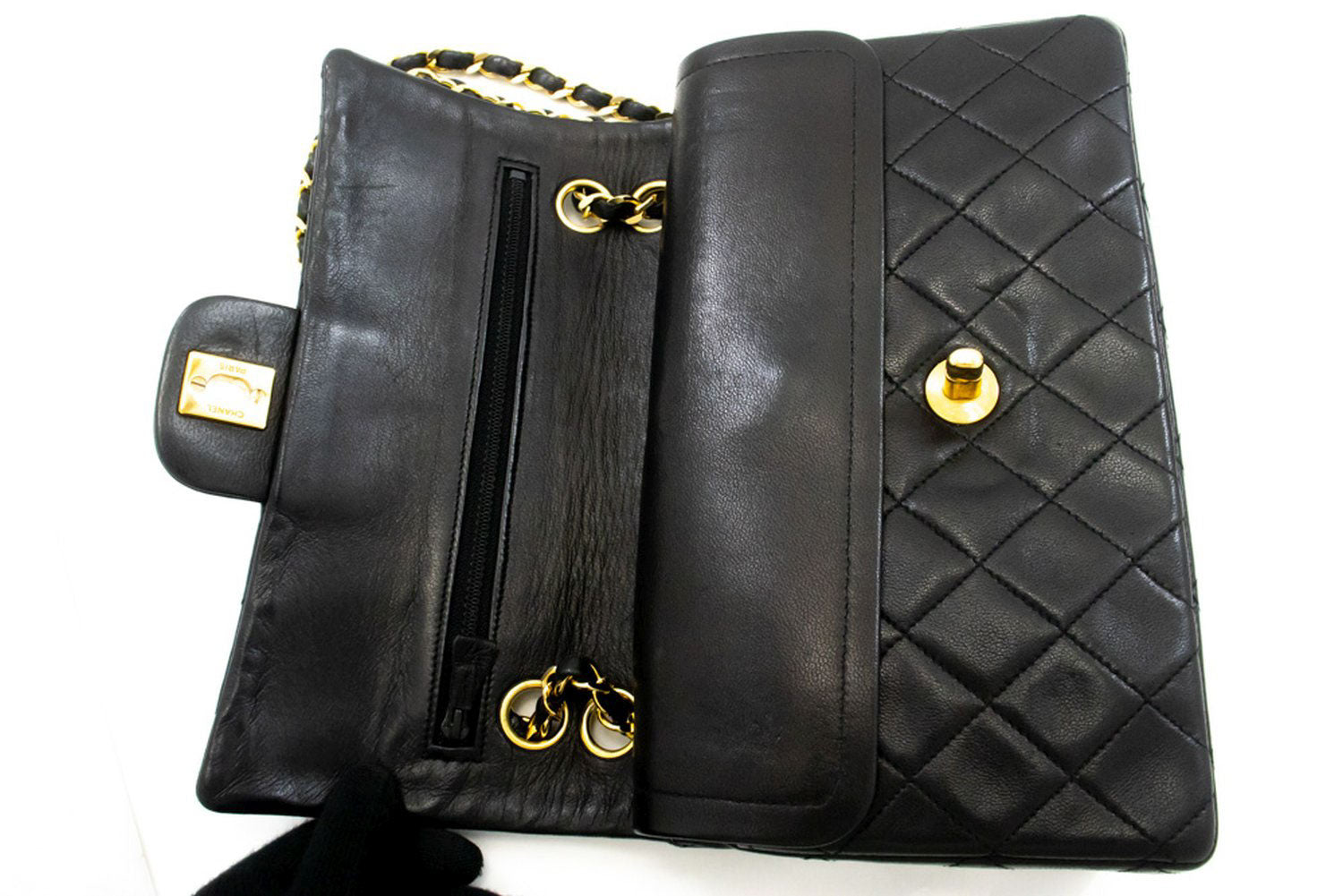 CHANEL Classic Double Flap 9" Schultertasche mit Kette, Schwarz, Lammleder p46 hannari-shop