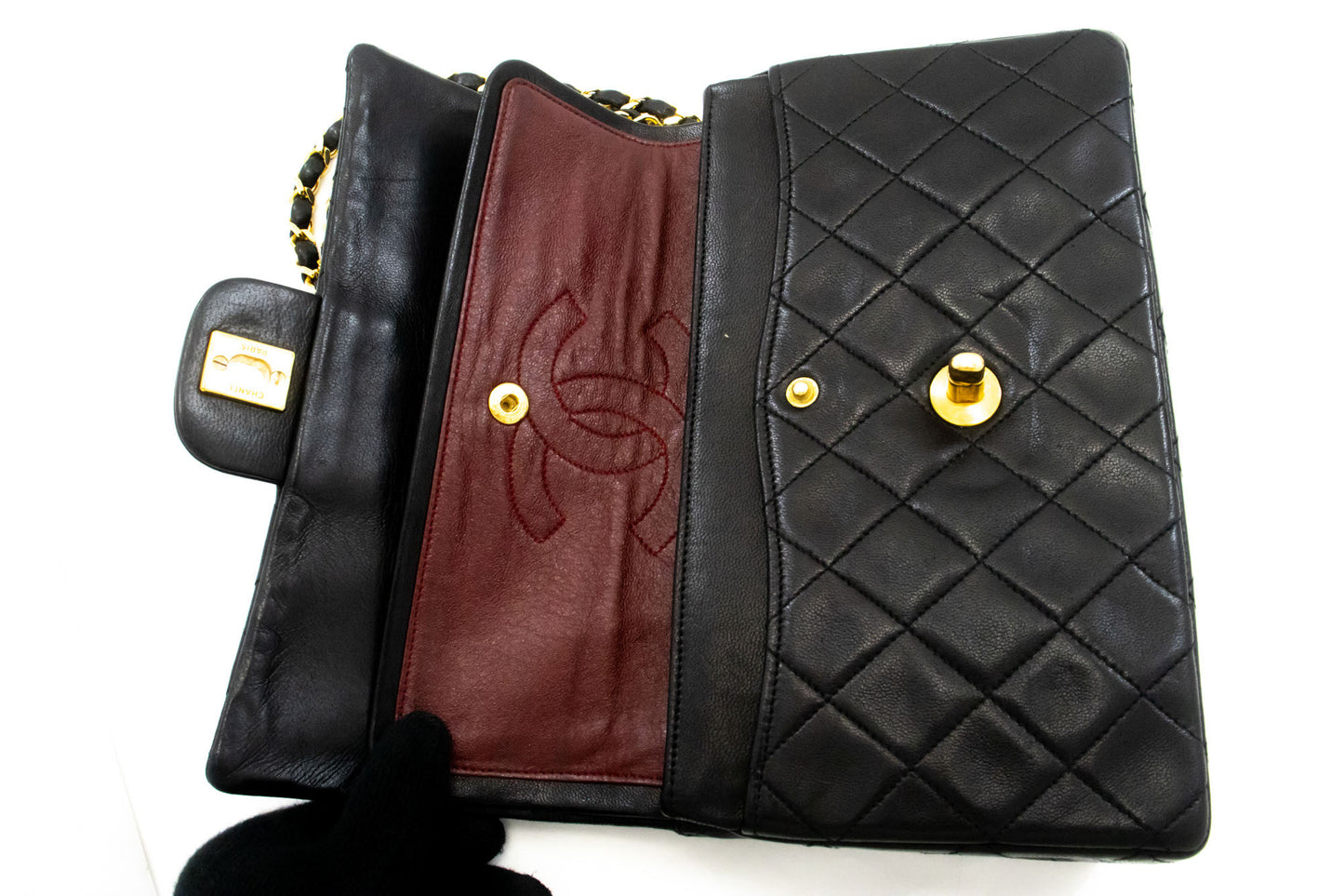 CHANEL Classic Double Flap 9" Schultertasche mit Kette, Schwarz, Lammleder p46 hannari-shop