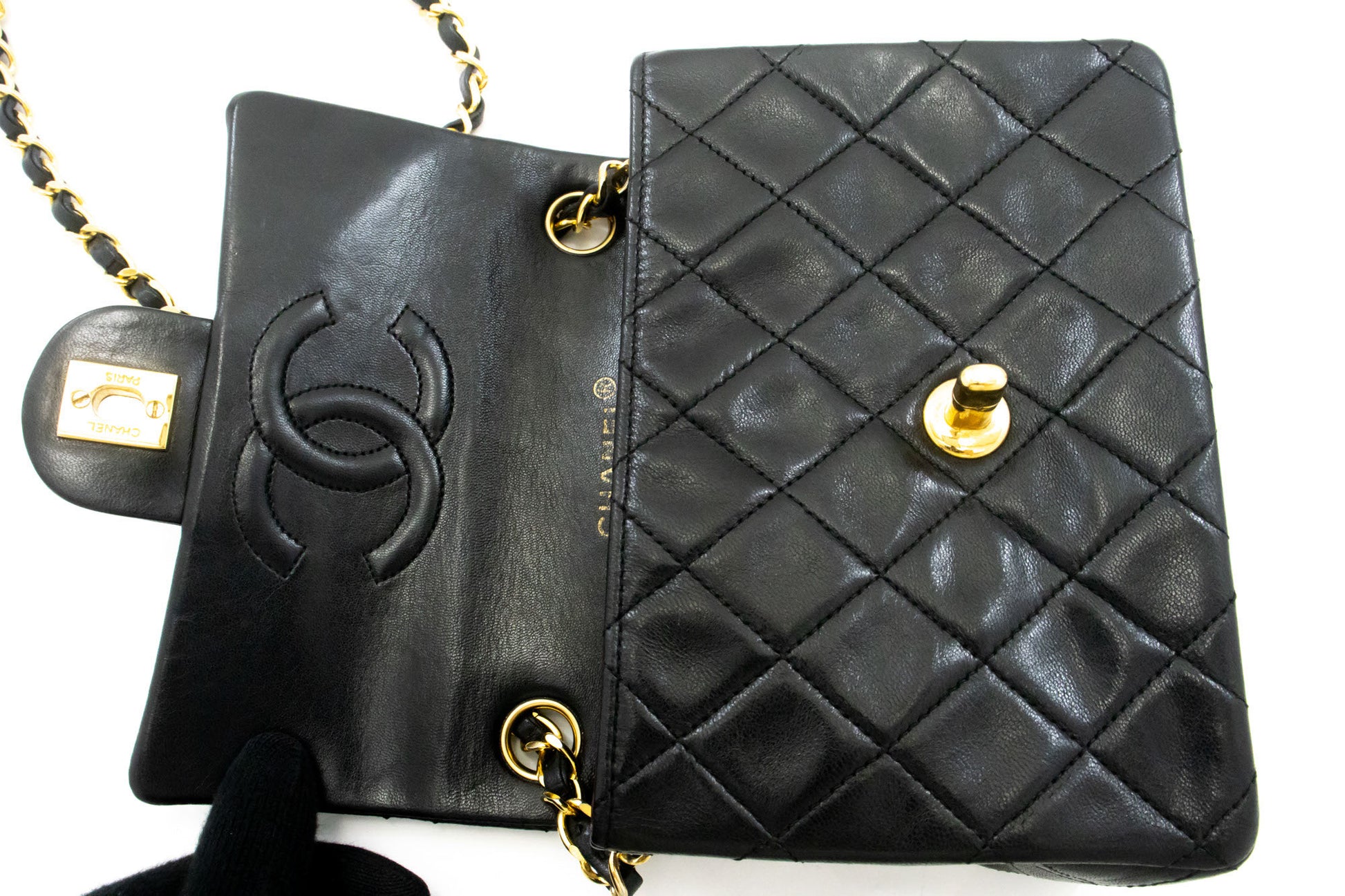 CHANEL Mini Square Borsa a Tracolla Piccola con Catena Nera in Agnello ag9 hannari-shop