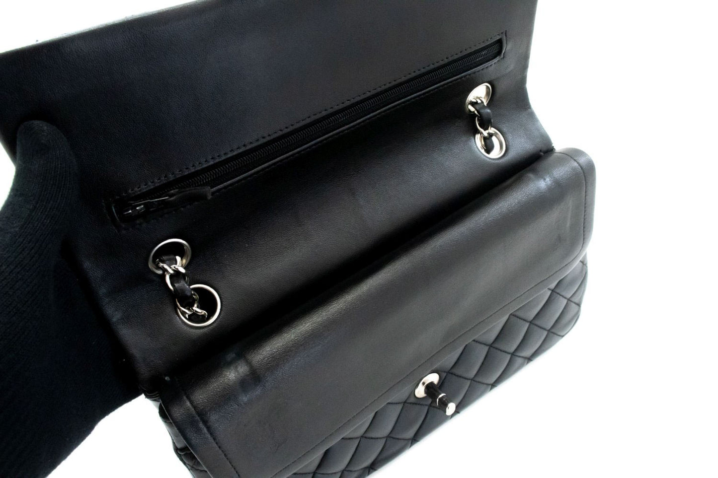 CHANEL Classic Double Flap 10" Schultertasche mit silberner Kette Schwarz ai1 hannari-shop