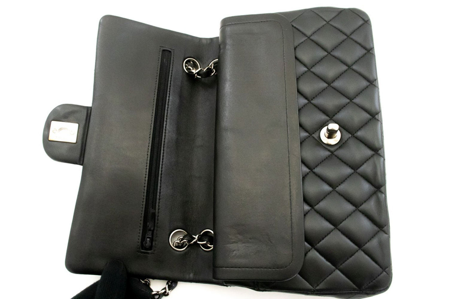 CHANEL Classic Double Flap 10" Schultertasche mit silberner Kette Schwarz ai1 hannari-shop