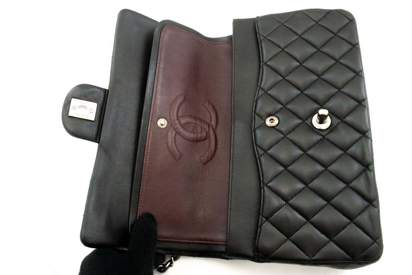 CHANEL Classic Double Flap 10" Schultertasche mit silberner Kette Schwarz ai1 hannari-shop