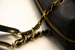 CHANEL Caviar Big Large Chain Shoulder Bag Black Leather Gold Zip d73