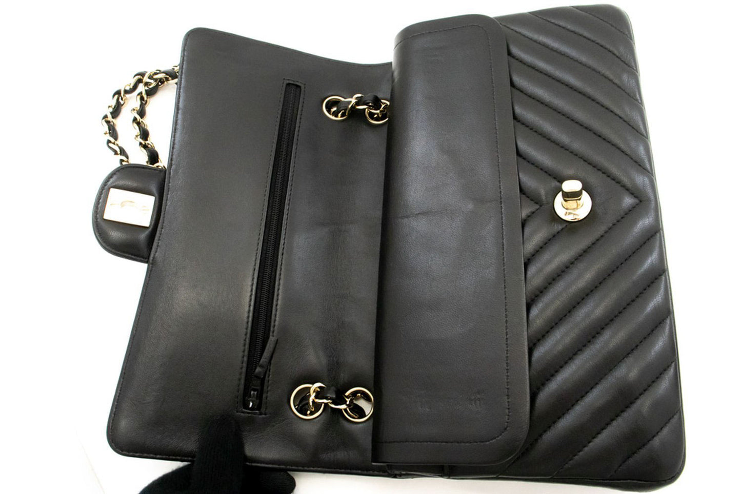 CHANEL V-Stitch Double Flap 10" Chain Shoulder Bag Black Lambskin ai5 hannari-shop