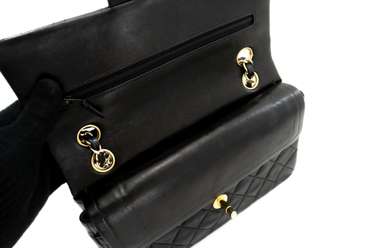 CHANEL Classic Double Flap 9" Chain Shoulder Bag Black Lambskin ai6 hannari-shop