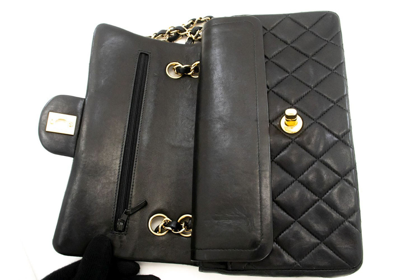 CHANEL Classic Double Flap 9" Chain Shoulder Bag Black Lambskin ai6 hannari-shop