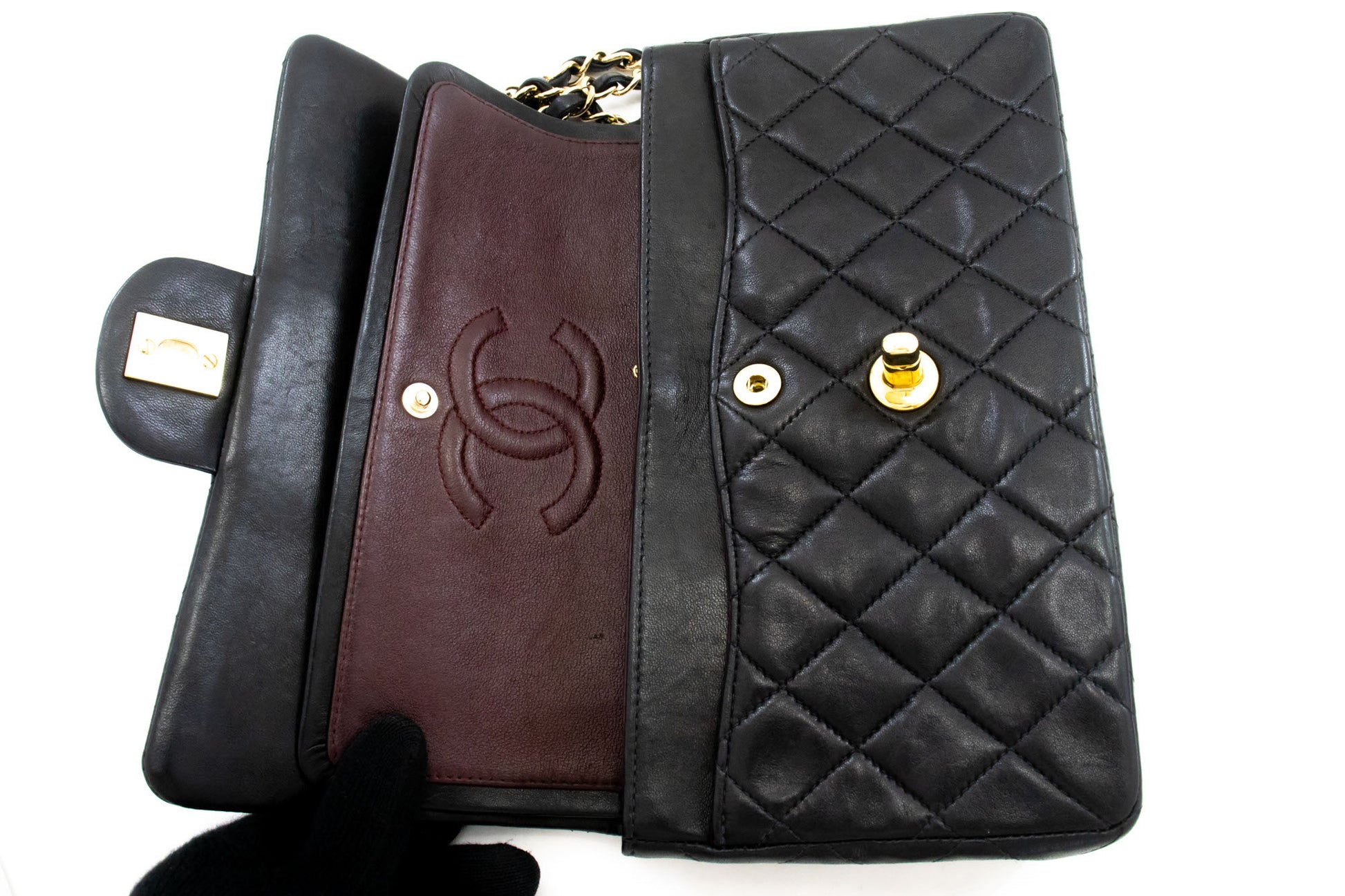 CHANEL Classic Double Flap 9" Chain Shoulder Bag Black Lambskin ai6 hannari-shop