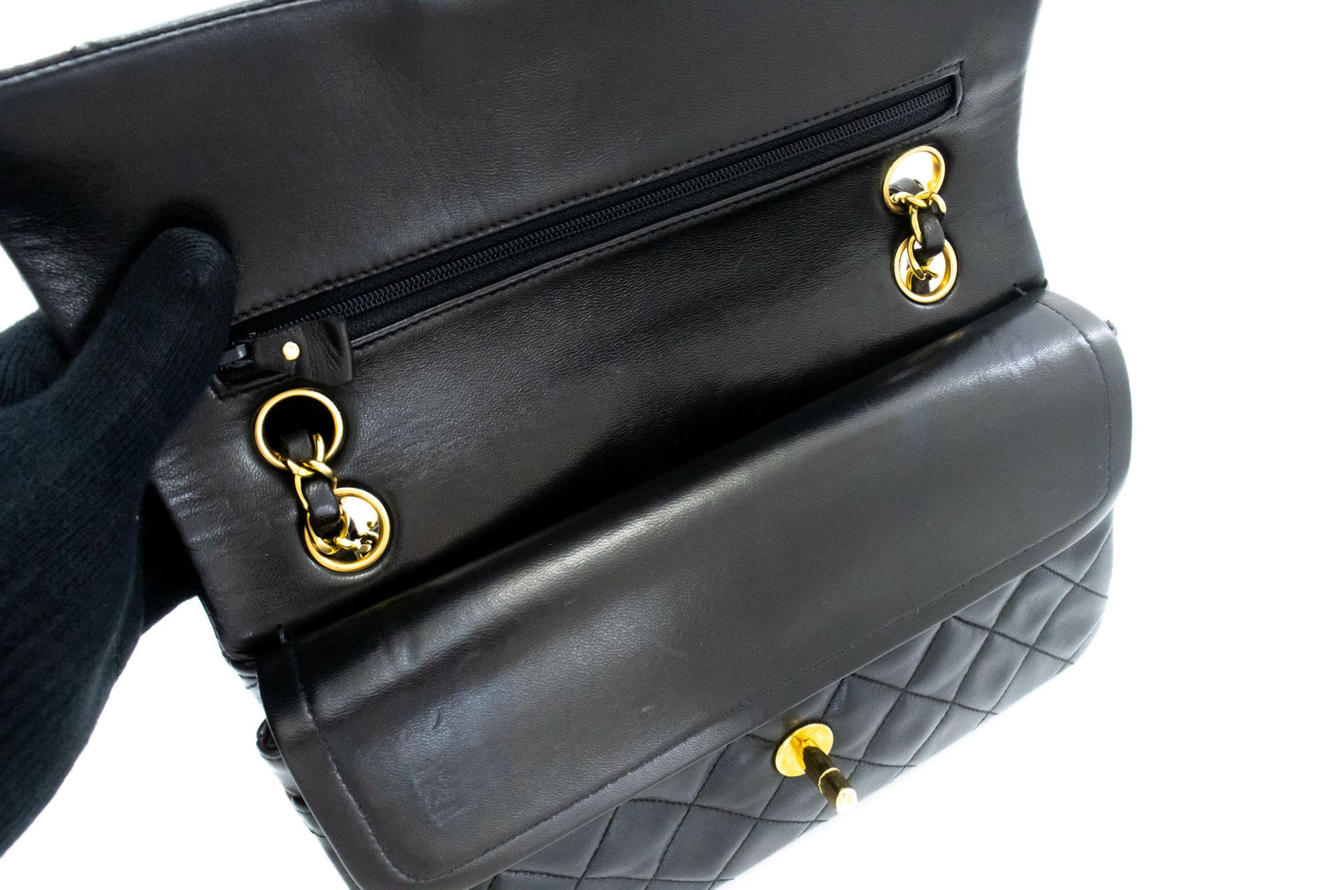 CHANEL Classic Double Flap 9" Chain Shoulder Bag Black Lambskin ai4 hannari-shop