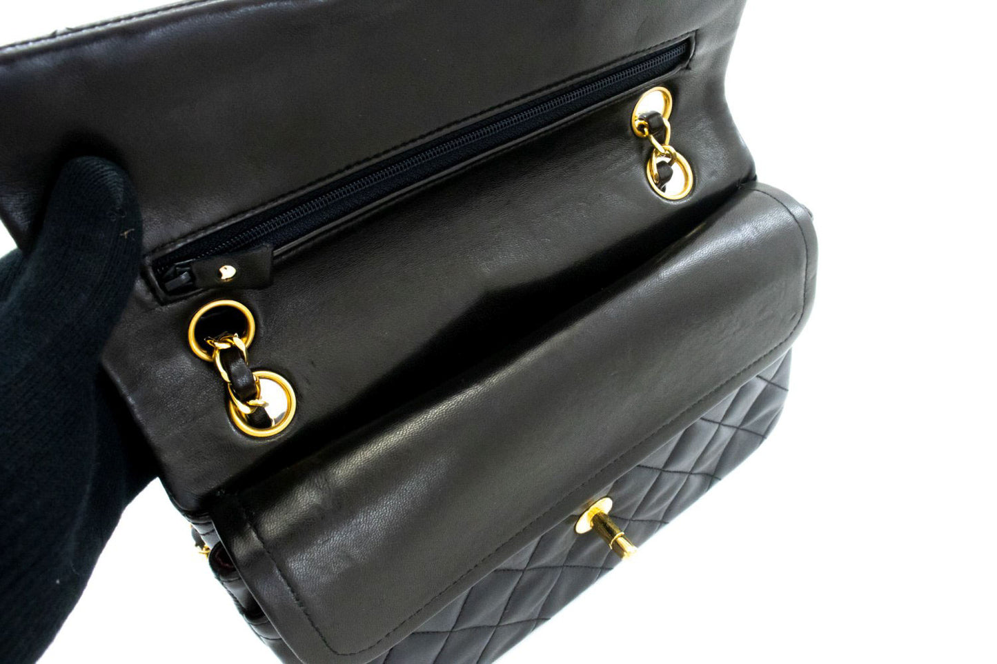CHANEL Classic Double Flap 9" Chain Schultertasche Schwarz Lammleder ah3 hannari-shop