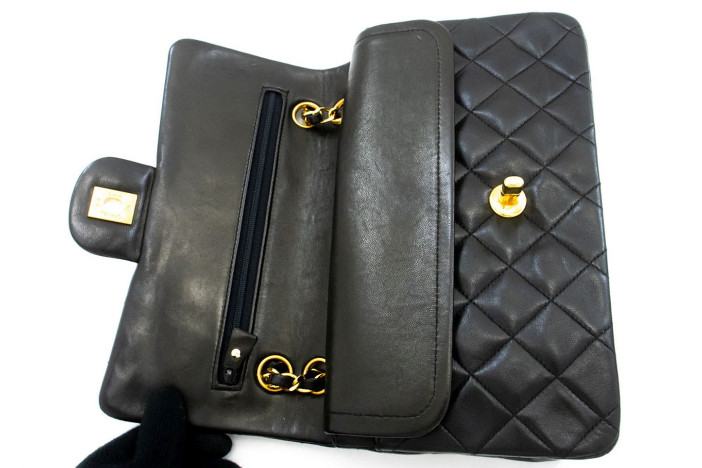 CHANEL Classic Double Flap 9" Chain Schultertasche Schwarz Lammleder ah3 hannari-shop