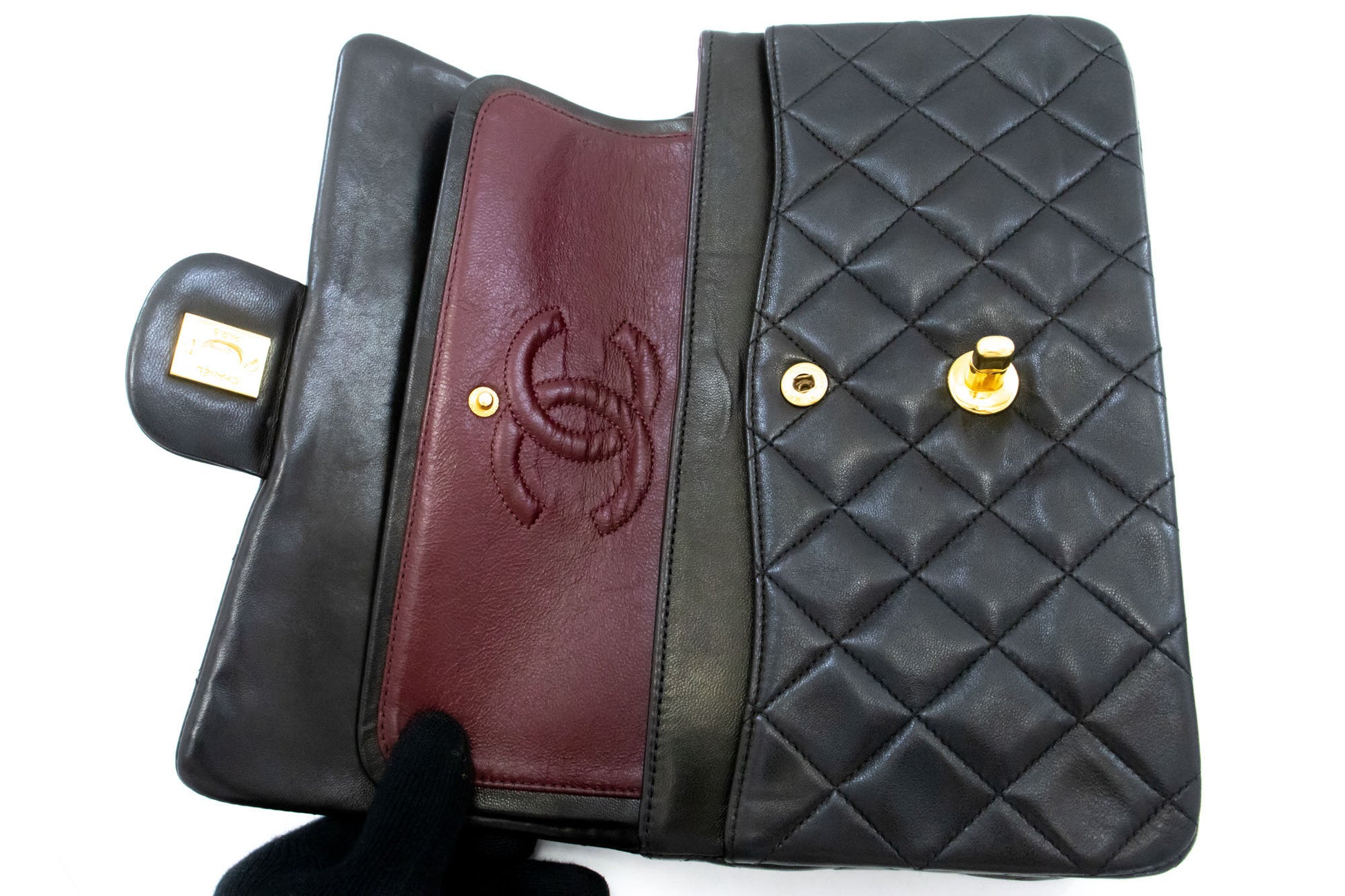 CHANEL Classic Double Flap 9" Chain Schultertasche Schwarz Lammleder ah3 hannari-shop