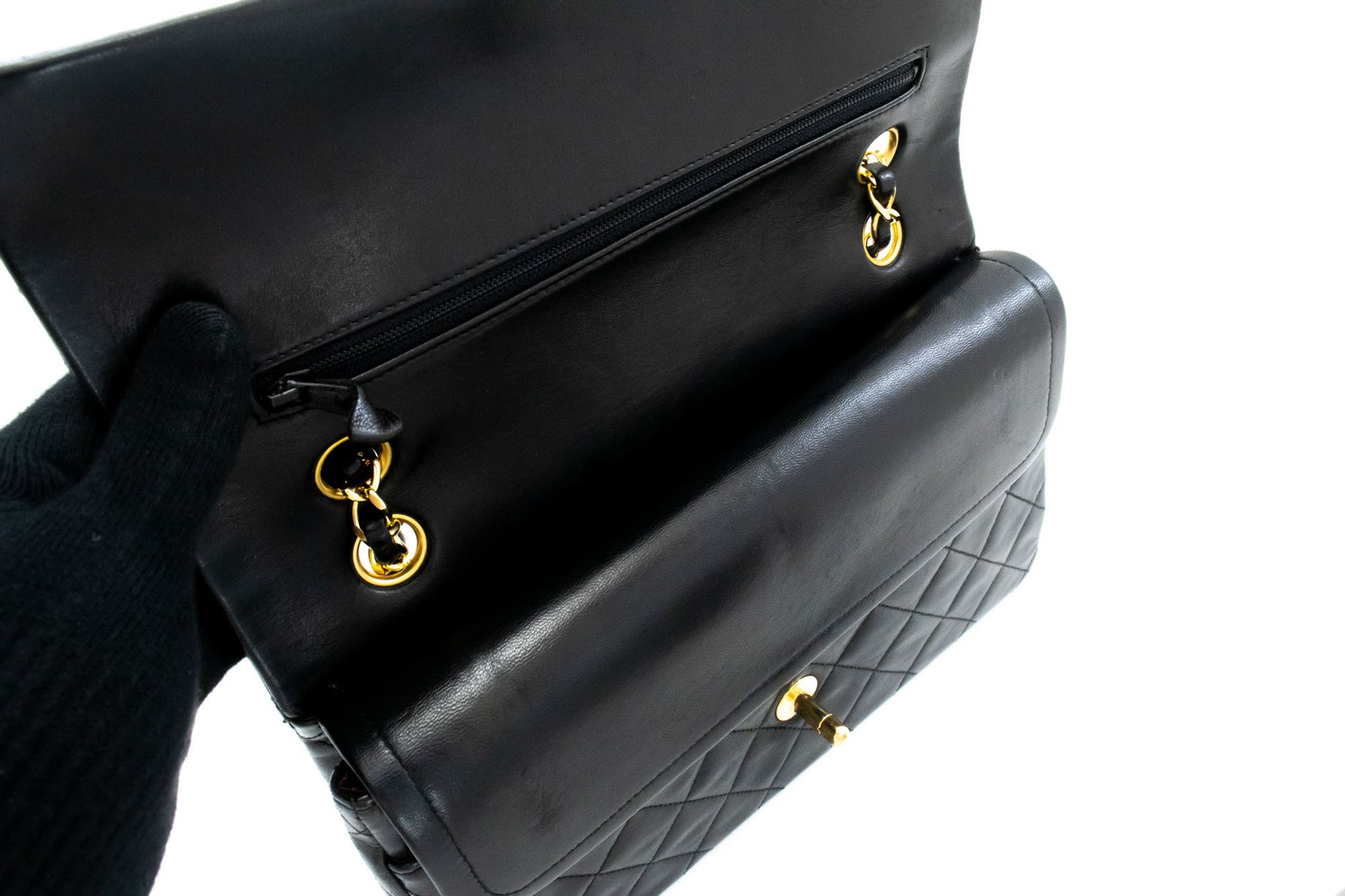 Sac à bandoulière CHANEL Classic Double Flap 10" en agneau noir avec chaîne ah7 hannari-shop