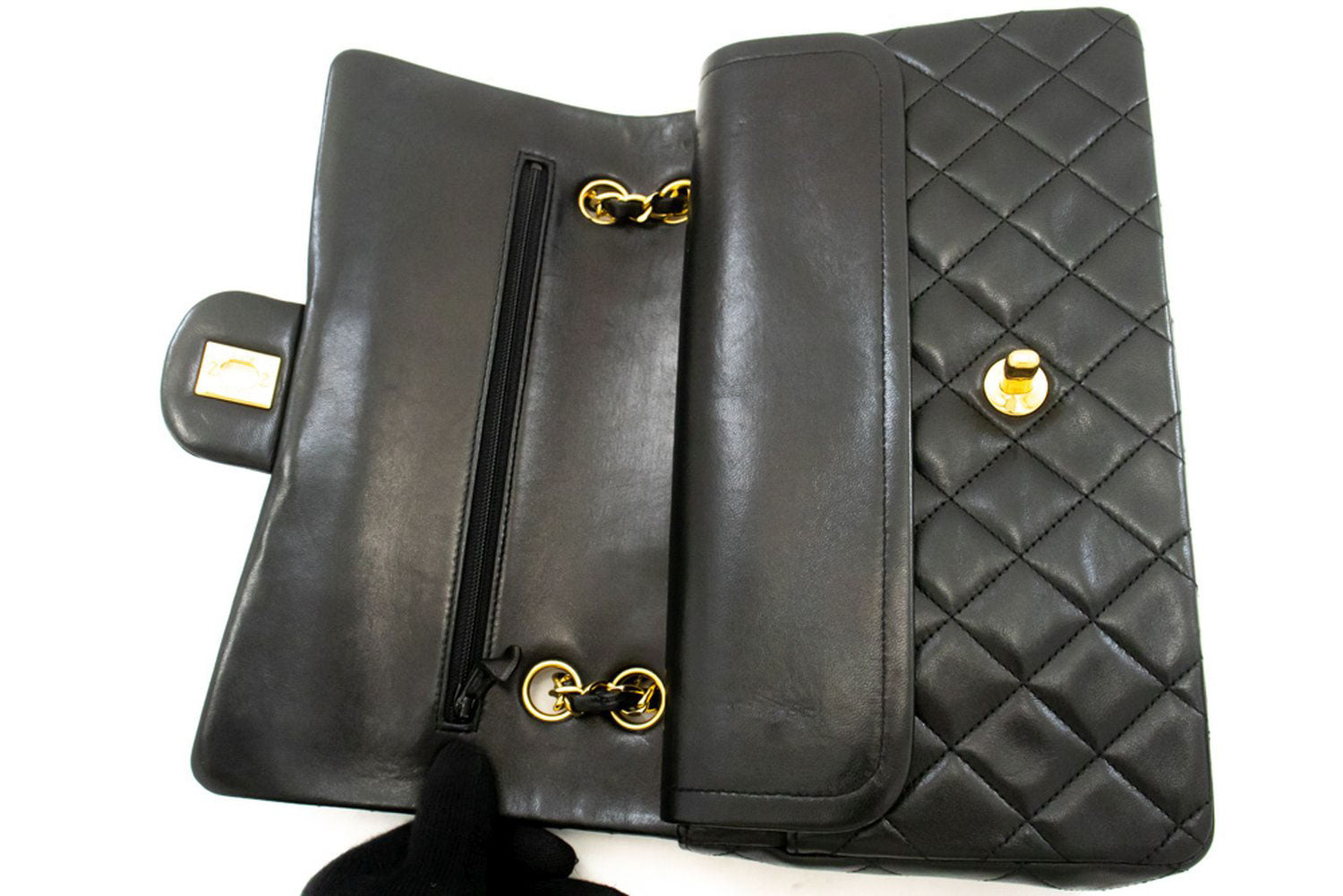 Sac à bandoulière CHANEL Classic Double Flap 10" en agneau noir avec chaîne ah7 hannari-shop