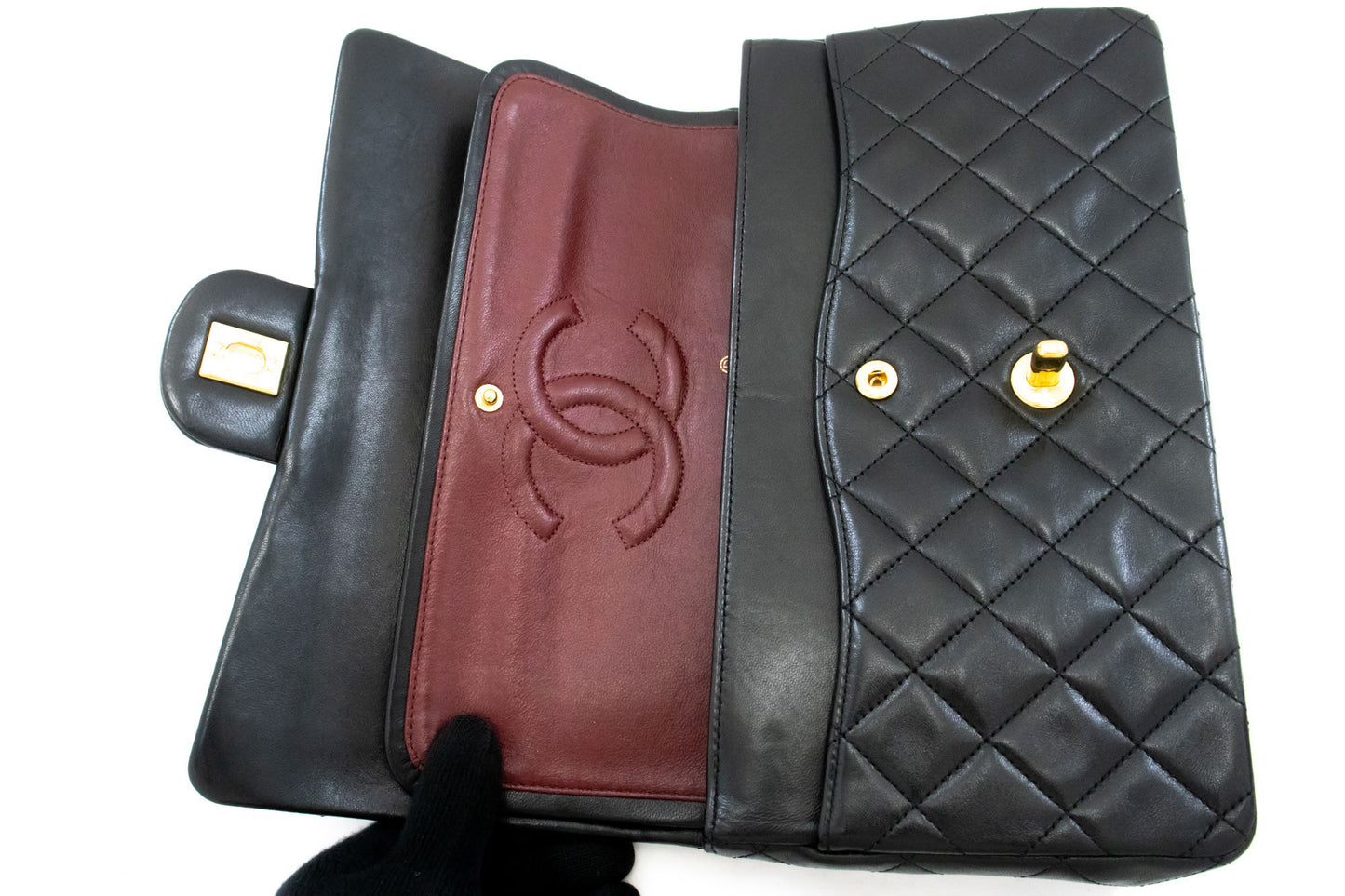 Sac à bandoulière CHANEL Classic Double Flap 10" en agneau noir avec chaîne ah7 hannari-shop