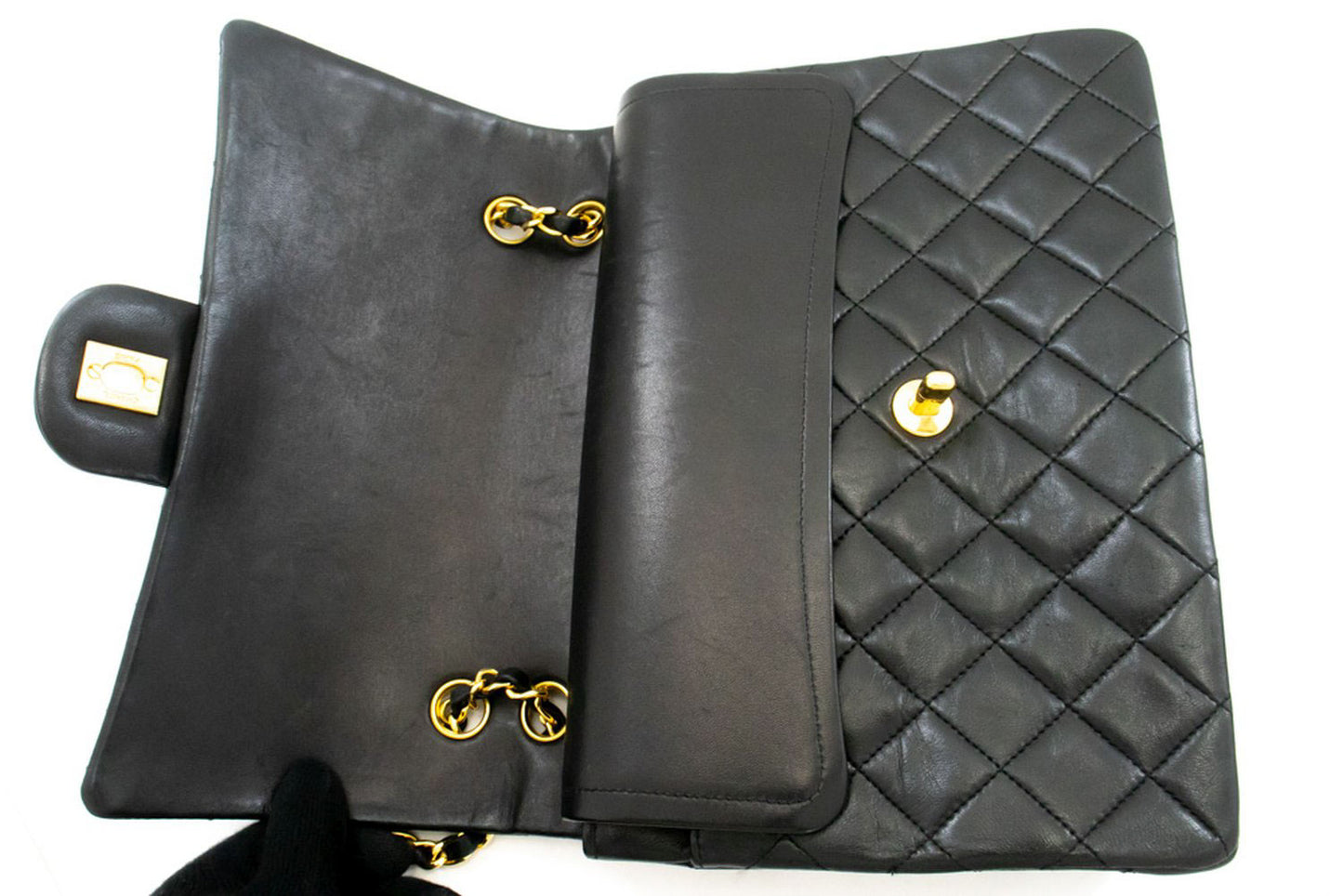 CHANEL Classic Double Flap Square Chain Schultertasche Schwarz Lamm ah5 hannari-shop