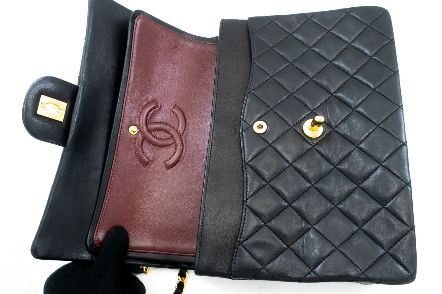 CHANEL Classic Double Flap Square Chain Schultertasche Schwarz Lamm ah5 hannari-shop