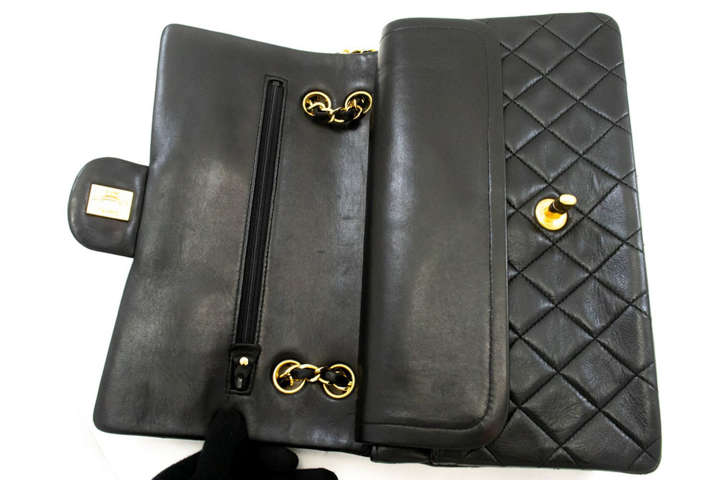 CHANEL Classic Double Flap 10" Chain Shoulder Bag Black Lambskin aj9 hannari-shop