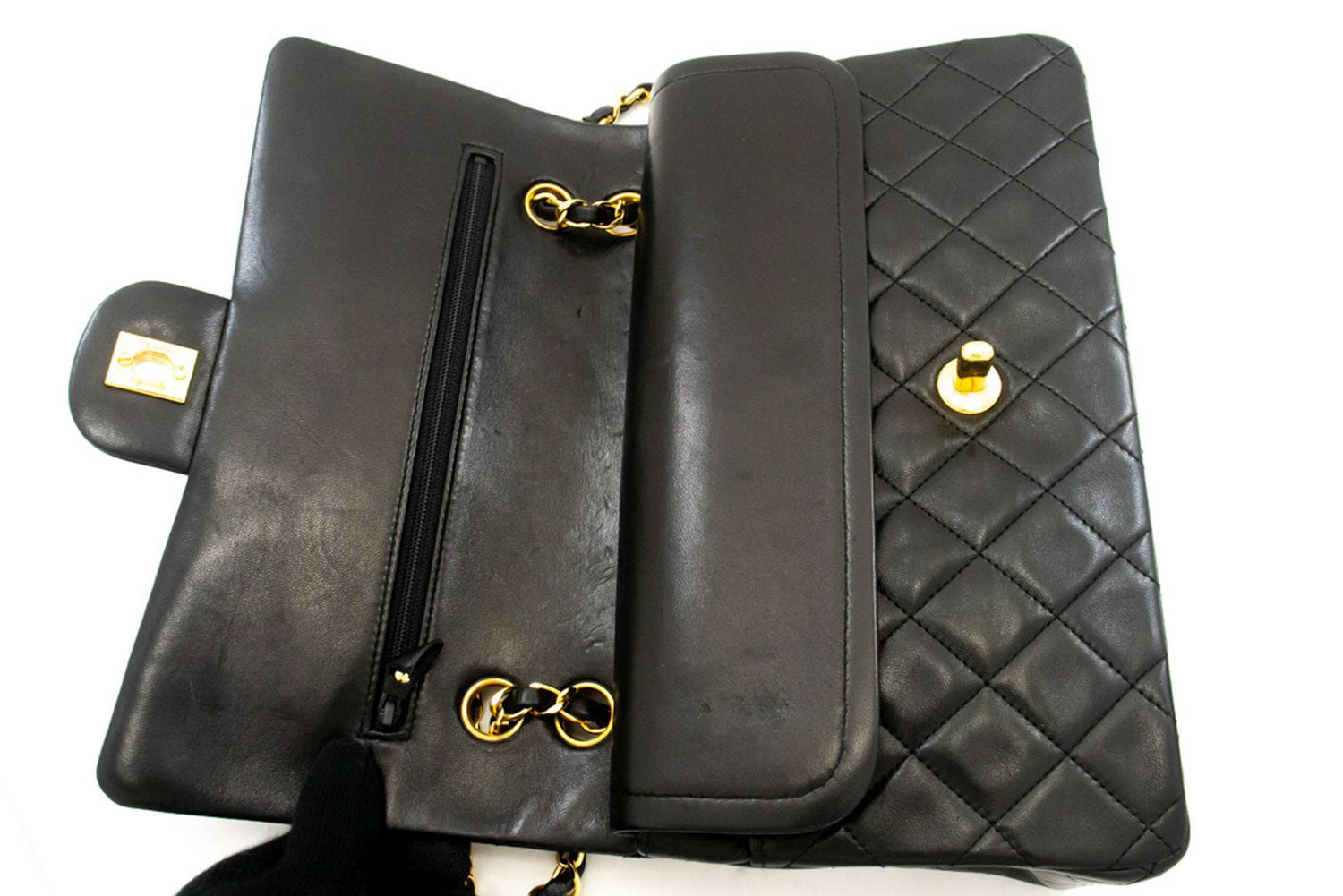 CHANEL Classic Double Flap 10" Chain Shoulder Bag Black Lambskin ak3 hannari-shop