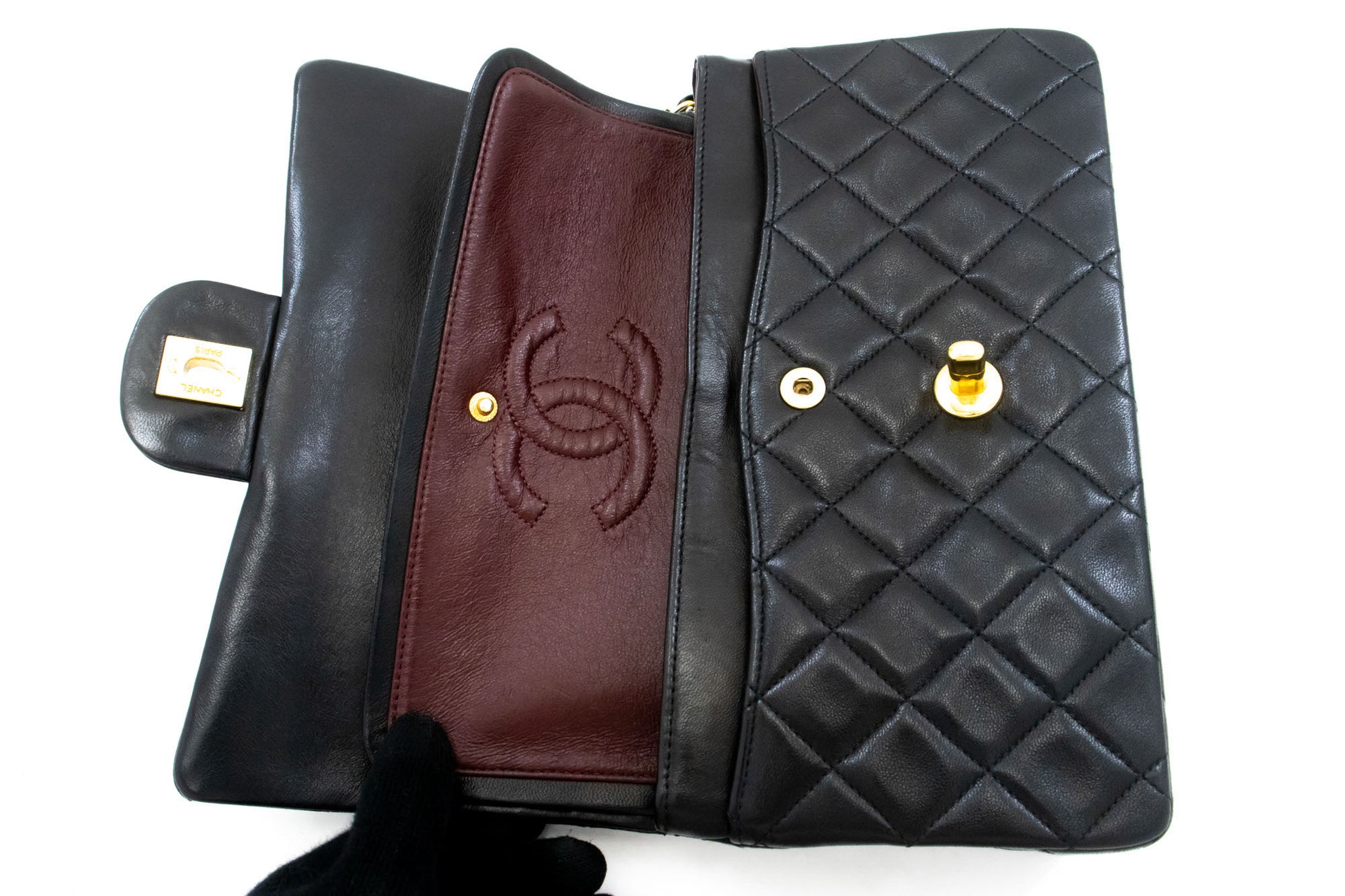 Borsa a spalla CHANEL Classic Double Flap 9" con catena in pelle di agnello nera aj4 hannari-shop