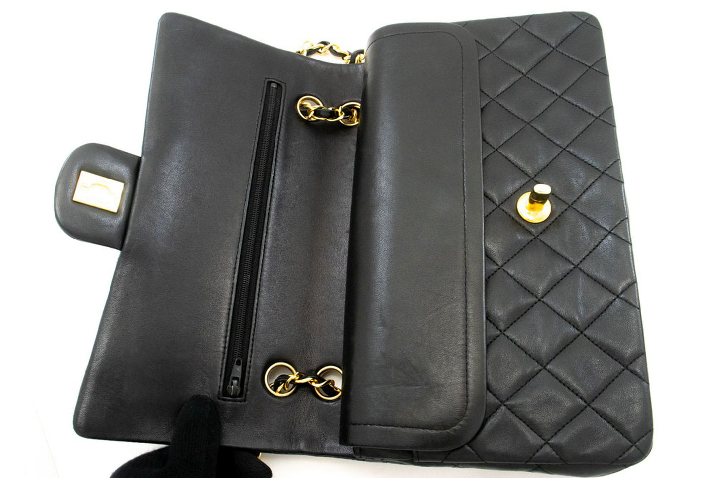 CHANEL Classic Double Flap 10" Chain Shoulder Bag Black Lambskin aj5 hannari-shop