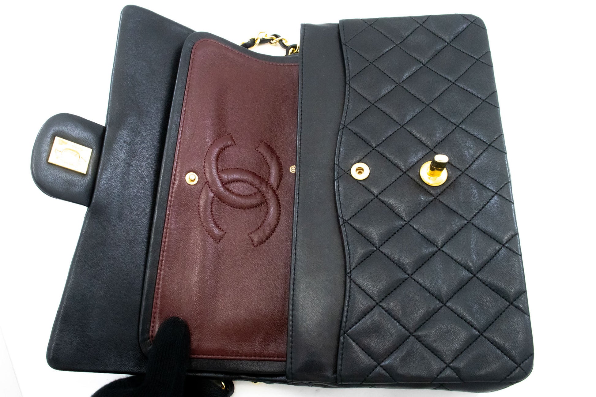 CHANEL Classic Double Flap 10" Chain Shoulder Bag Black Lambskin aj5 hannari-shop