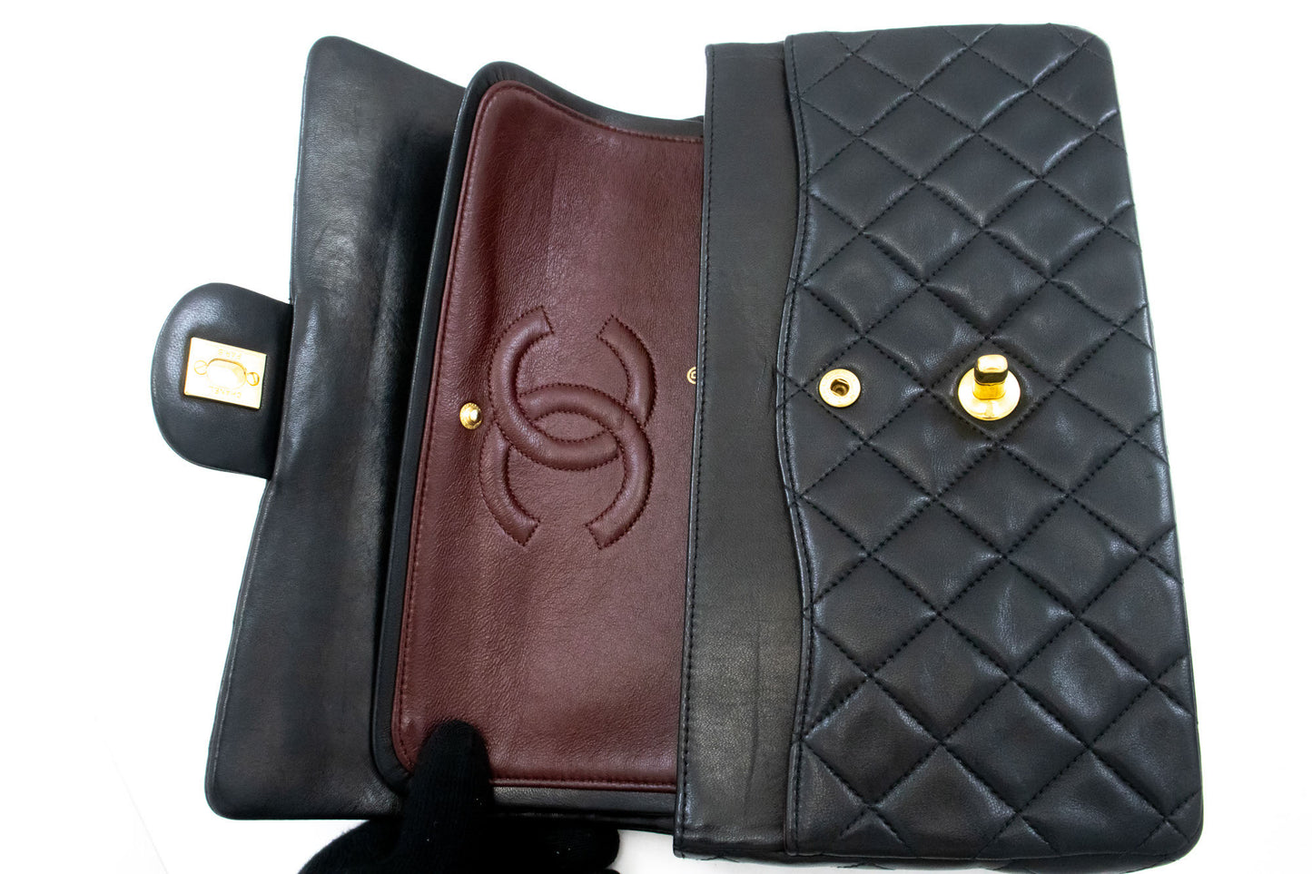 CHANEL Classic Double Flap 10" Chain Shoulder Bag Black Lambskin aj8 hannari-shop