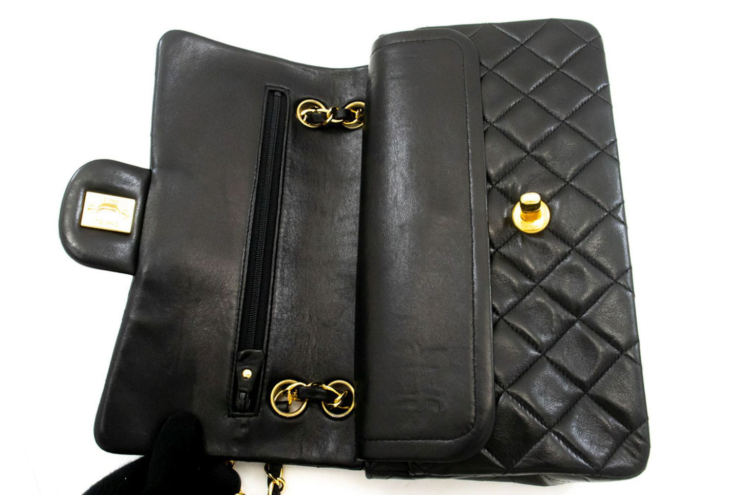 CHANEL Classic Double Flap 9" skuldertaske med kæde i sort lammeskind aj7 hannari-shop