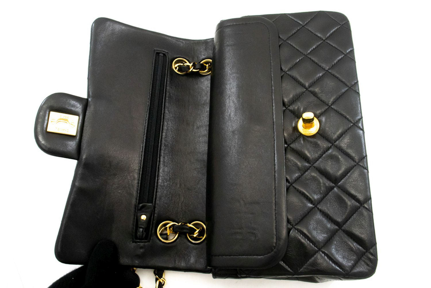 CHANEL Classic Double Flap 9" skuldertaske med kæde i sort lammeskind aj7 hannari-shop