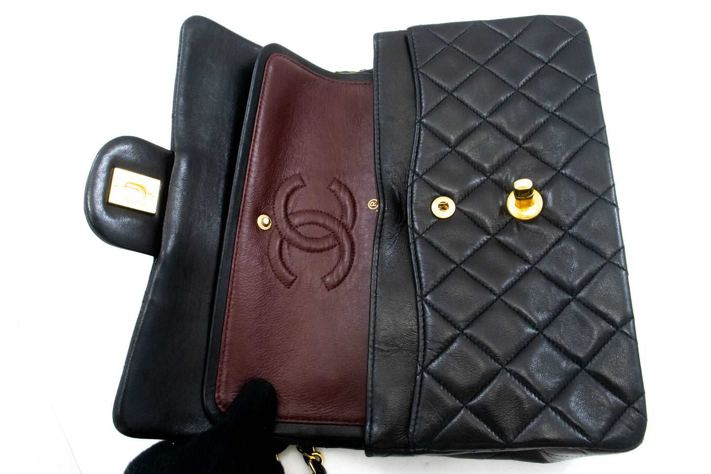 CHANEL Classic Double Flap 9" skuldertaske med kæde i sort lammeskind aj7 hannari-shop