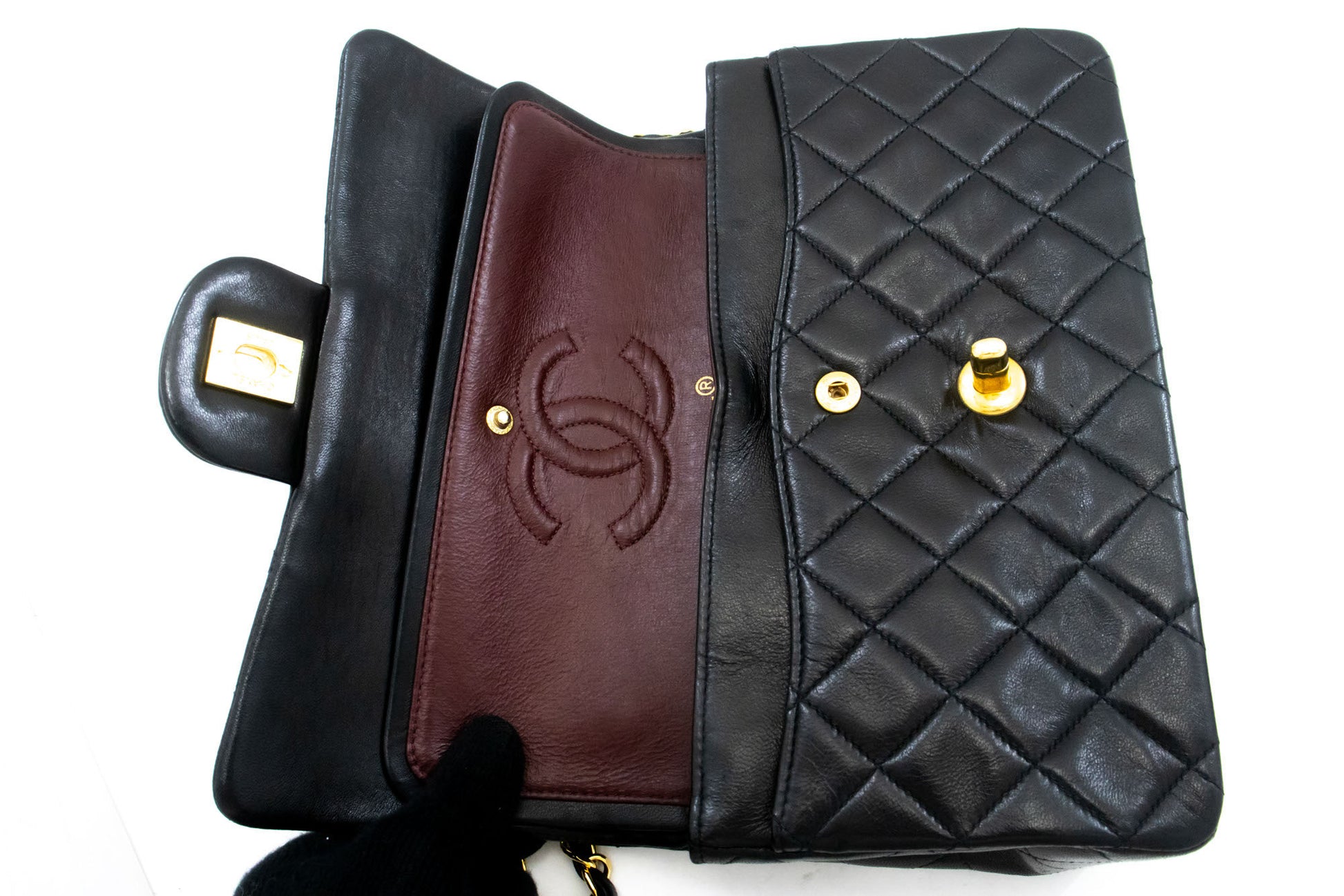 CHANEL Classic Double Flap 9" skuldertaske med kæde i sort lammeskind aj7 hannari-shop