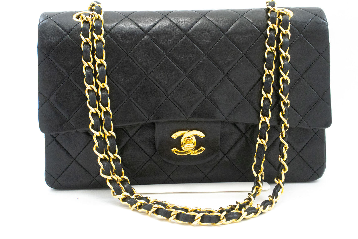 CHANEL Classic Double Flap 10" Chain Shoulder Bag Black Lambskin aj9 hannari-shop