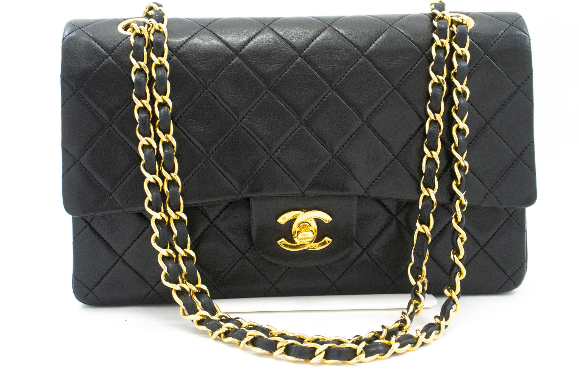 CHANEL Classic Double Flap 10" Chain Shoulder Bag Black Lambskin aj9 hannari-shop